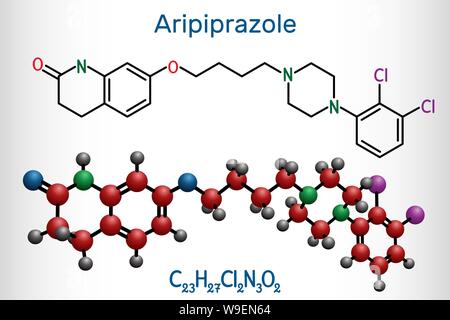 L'aripiprazole, neurotransmetteur, molécule antipsychotique atypique. Formule chimique structurale et molécule modèle. Vector illustration Illustration de Vecteur