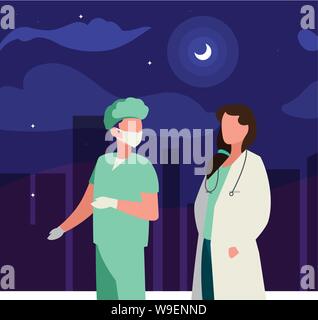 Couple de travailleurs professionnels dans la nuit vector illustration design Illustration de Vecteur