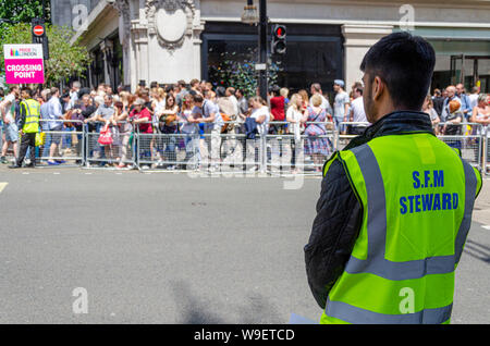 SFM Steward à Pride à Londres surveillant la foule. Security Force Management. Point de passage. Des foules de gens Banque D'Images