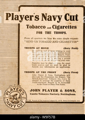 La PREMIÈRE GUERRE MONDIALE - une publicité pour les joueurs britanniques 1915 navy cut cigarettes de tabac - pour les troupes,droit payé ou d'une Banque D'Images