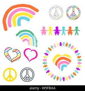 Symboles de paix et arc-en-ciel d'illustration vectorielle pacifiste hippie. Amour coloré signe monde clipart icônes. Illustration de Vecteur
