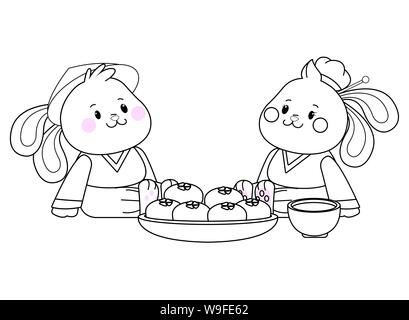 Les lapins de mi-automne couple eating food cartoon en noir et blanc Illustration de Vecteur