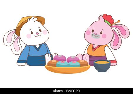 Les lapins de mi-automne couple eating food cartoon Illustration de Vecteur