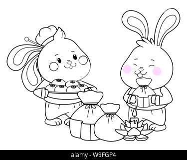 Les lapins de mi-automne couple eating food cartoon en noir et blanc Illustration de Vecteur
