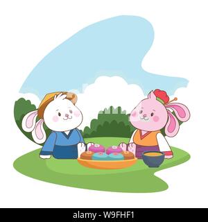 Les lapins de mi-automne couple eating food cartoon Illustration de Vecteur