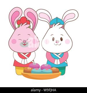 Les lapins de mi-automne couple eating food cartoon Illustration de Vecteur