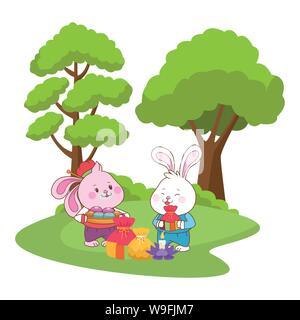 Les lapins de mi-automne couple eating food cartoon Illustration de Vecteur