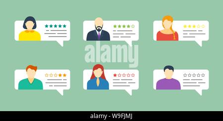 Bulle de dialogue de feedback avec avatars mâle et femelle. Système de notation d'examen cinq étoiles avec une bonne et mauvaise collection de taux de témoignage. Évaluation de la qualité des vecteurs eps concept d'illustration Illustration de Vecteur