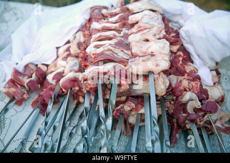 Barbecue. Faire cuire de la viande avec des oignons et poivrons marinés., pique-nique, de l'alimentation de rue . Shish kebab grillé sur une brochette de métal. morceau de viande sur les brochettes se trouve sur Banque D'Images