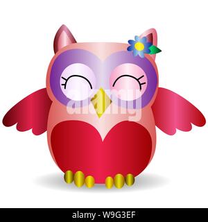 Joli sourire rose hibou avec une fleur de lilas sur l'oreille, avec l'effet de volume Illustration de Vecteur