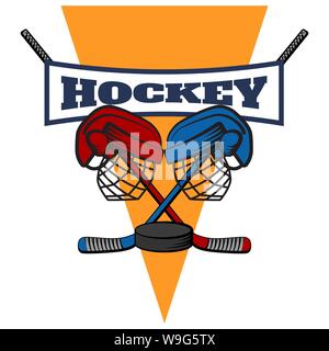 Le logo de l'affrontement, avec des clubs de hockey, casques et rondelle. Deux équipes. Cartoon Vector illustration. Illustration de Vecteur