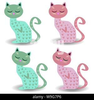 Ensemble de quatre chats mignon avec les yeux fermés dans des tons pastel avec des cœurs. Caricature chats différents ensemble. Géométrique simple et moderne de style plat vector illustratio Illustration de Vecteur