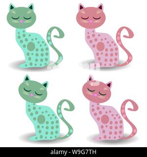 Ensemble de quatre chats mignon avec les yeux fermés dans des tons pastel avec des cercles. Caricature chats différents ensemble. Géométrique simple et moderne de style plat vector illustrati Illustration de Vecteur