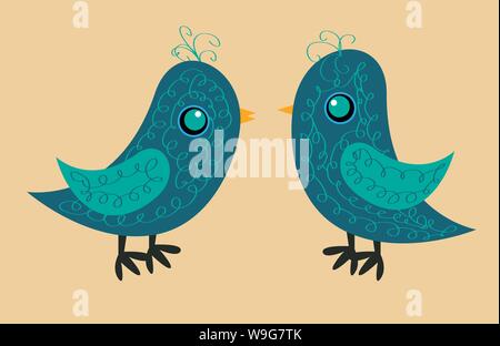 Bleu mignon deux oiseaux avec un motif sur le corps, un bec jaune et un œil bleu, une vue de côté Illustration de Vecteur