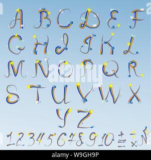 L'alphabet, des chiffres et des lettres écrites dans un arc-en-ciel contour, décoré de nuages et le soleil. Curl, arc-en-ciel. La grammaire, l'orthographe, l'apprentissage. Illustration de Vecteur