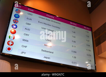 Un bureau de change de devises étrangères surveiller montrant les taux de conversion actif important, tout en voyageant dans le monde entier. Banque D'Images