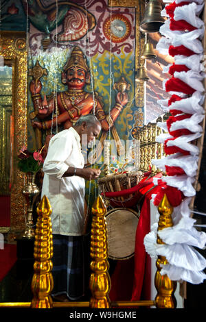 Un homme fait une thammattam à l'entrée du tambour à l'Hindou Diety Kataragamas culte dans le temple de Kataragama à Kandy au Sri Lanka. Banque D'Images