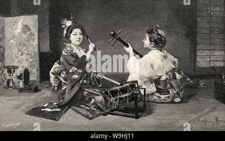 [ 1890 Japon - japonais Femmes jouant de la musique ] - Les femmes en kimono et coiffures traditionnels jouant un tambour taiko connu comme ootsutsumi, et shamisen, un instrument de musique à trois cordes. Publié dans l'Illustrated London News le 15 novembre 1890 (23) L'ère Meiji. Artwork par Harry Humphrey Moore (1844-1926). 19e siècle vintage illustration de journal. Banque D'Images