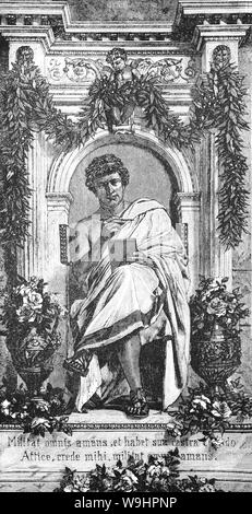 Publius Ovidius Naso (43 BC - AD 18), connu sous le nom de Ovide, était un poète romain qui a vécu pendant le règne d'Auguste. Il était un contemporain de Virgile et Horace, avec lesquels il est classé comme l'un des trois poètes canoniques de la littérature latine. Il a aimé une énorme popularité, mais, dans l'un des mystères de l'histoire littéraire, a été envoyé par Auguste à l'exil dans une province éloignée de la mer Noire, où il est resté jusqu'à sa mort. Ovide lui-même attribue son exil à Carmen et erreur, 'un poème et une erreur', mais son pouvoir discrétionnaire lors de l'examen des causes a donné lieu à beaucoup de spéculations parmi les universitaires. Banque D'Images