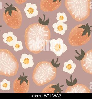 Modèle logique du vecteur de fraises et de fleurs sur fond rose pastel Illustration de Vecteur