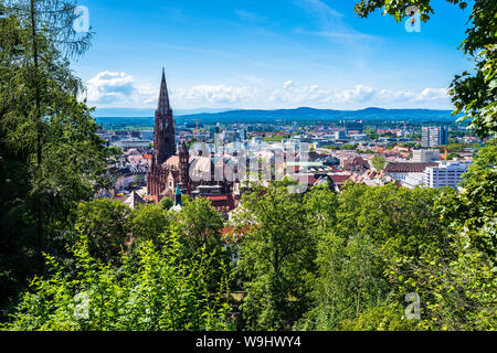 Allemagne, vue imprenable sur la ville, les toits et les toits de la ville de Freiburg im Breisgau entourant célèbre cathédrale de Münster de dessus green tree tops Banque D'Images