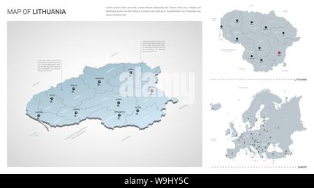 Vector set de Lituanie pays. Carte en 3D isométrique, la Lituanie map, carte d'Europe - avec la région, l'Etat et les noms les noms de ville. Illustration de Vecteur