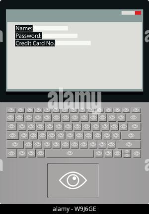 Vol de vos informations. Ordinateur portable haut de la perspective avec le symbole de l'œil sur toutes les clés et pavé tactile. Sur l'écran sont Nom, Mot de passe et carte de crédit Illustration de Vecteur