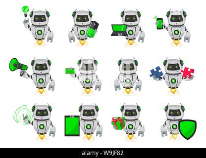 Robot à l'intelligence artificielle, bot. Drôle de personnage, série de douze poses. Organisme cybernétique humanoïde. Concept futur. Vector Illustrati Illustration de Vecteur