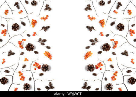 Composition d'automne. Motif de berry Rowan, cônes sur fond blanc. Automne, automne, halloween, jour de Thanksgiving concept. Mise à plat, vue du dessus, la CDP Banque D'Images