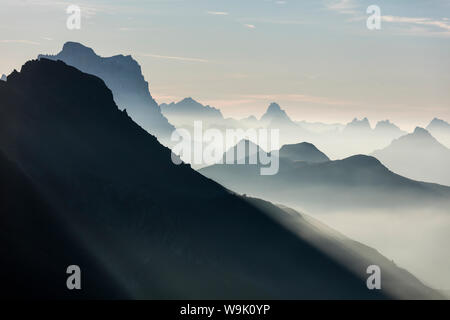 Bruine sur les sommets des Dolomites et Monte Pelmo vu de Cima Belvedere à l'aube, Val di Fassa, Trentino-Alto Adige, Italie, Europe Banque D'Images