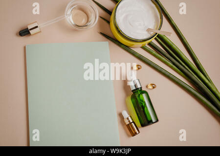 Cosmétiques naturels, biologiques. Shampoing naturel, tonique, de sérum pour les cheveux et la peau. Télévision lay, pastel le minimalisme Banque D'Images