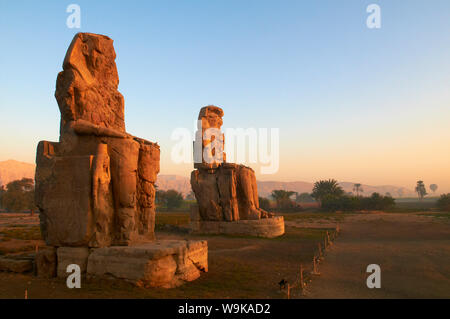 Colosses de Memnon, sculpté pour représenter la xviiième dynastie pharaon Aménophis III, rive ouest du Nil, à Thèbes, l'UNESCO, l'Égypte, l'Afrique du Nord Banque D'Images