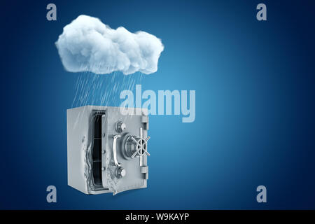 Le rendu 3D de pluie blanc cassé au-dessus des nuages gris metal coffre-fort de banque endommagés sur fond bleu Banque D'Images