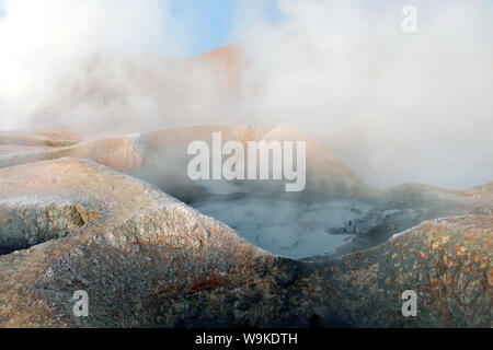 Sol de la Manana, soleil levant le geyser field haut dans un énorme cratère dans la réserve Eduardo Avaroa, au sud-ouest de l'Altiplano de Bolivie Banque D'Images