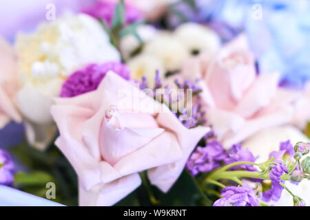 Bouquet d'un champ créatif, fleurs sauvages et tendres roses blanches. close up photo recadrée. arrière-plan flou Banque D'Images