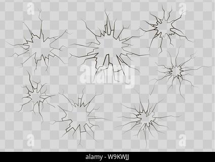 Ensemble d'éclats de verre noir des fissures sur fond transparent Illustration de Vecteur