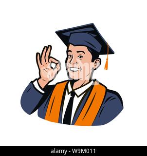 Happy student in graduation robe et chapeau. L'obtention du diplôme, vector illustration Illustration de Vecteur