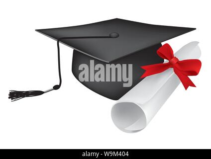 Graduation cap noir avec pompon et diplôme. Isolé sur fond blanc. Vector disponibles. Illustration de Vecteur