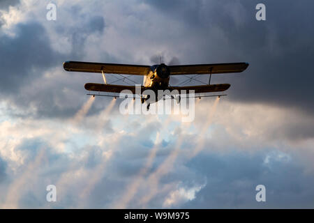 Antonov An-2 biplan monomoteur de pulvériser des produits chimiques sur la ville mosquitocide Banque D'Images