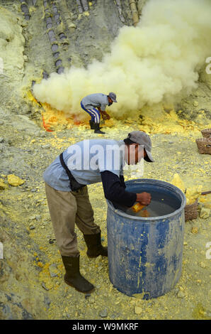 L'EST DE JAVA, INDONÉSIE - Mai 18, 2014 mineurs : l'extraction du soufre à l'intérieur du cratère du Kawah Ijen volcano. Banque D'Images