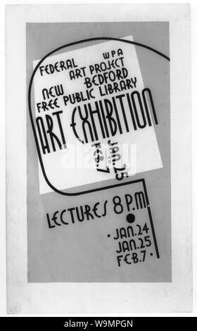 Exposition d'art, Projet d'art fédéral WPA, New Bedford Free Public Library, le 25 Janvier à Février 7 Résumé : L'affiche annonçant l'exposition d'art et des conférences qui aura lieu à la Bibliothèque publique de New Bedford, New Bedford, Massachusetts. Banque D'Images