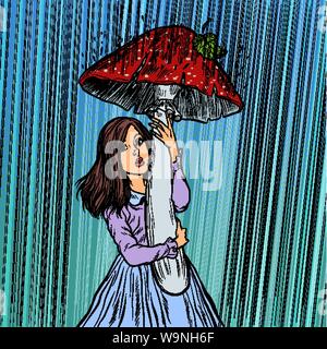 Fille dans la pluie cachée sous un champignon Illustration de Vecteur