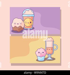 Ensemble de petits gâteaux et boissons style kawaii café vector illustration design Illustration de Vecteur