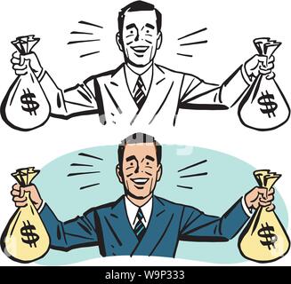 A smiling happy man holding up sacs d'argent. Illustration de Vecteur