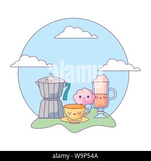 Théière avec ensemble d'aliments dans le style kawaii paysage vector illustration design Illustration de Vecteur