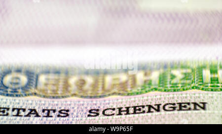 Visa Schengen de la Grèce sur la page du passeport, Close up Banque D'Images