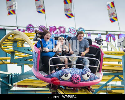 Des Moines, Iowa, USA. 14Th Aug 2019. Une famille chevauche la ''Crazy Mouse, '' un roller coaster ride type sur l'allée centrale de l'Iowa State Fair. L'Iowa State Fair est l'une des plus grandes foires de l'état aux États-Unis plus d'un million de personnes visitent habituellement la juste pendant ses 10 jours. L'exécution équitable 2019 du 8 au 18 août. Crédit : Jack Kurtz/ZUMA/Alamy Fil Live News Banque D'Images