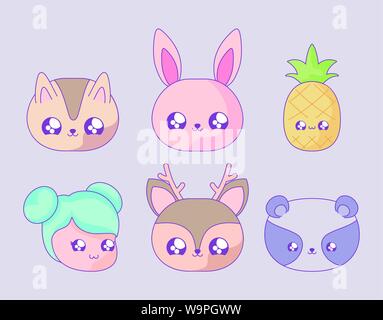 Jeu de fille avec des animaux marrants et ananas kawaii vector illustration design Illustration de Vecteur