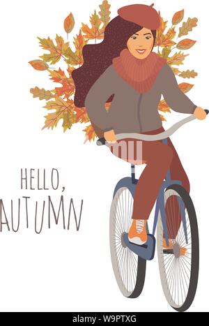 Bonjour, l'automne. Jeune fille équitation un vélo avec un panier de feuilles de chêne et d'érable. Télévision Cute vector illustration dessinée à la main sur fond blanc. Illustration de Vecteur