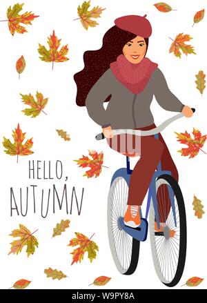 Bonjour, l'automne. Jeune fille d'une bicyclette contre la chute de feuilles de chêne et d'érable. Cute vector cartoon illustration dessinée à la main sur fond blanc. Illustration de Vecteur